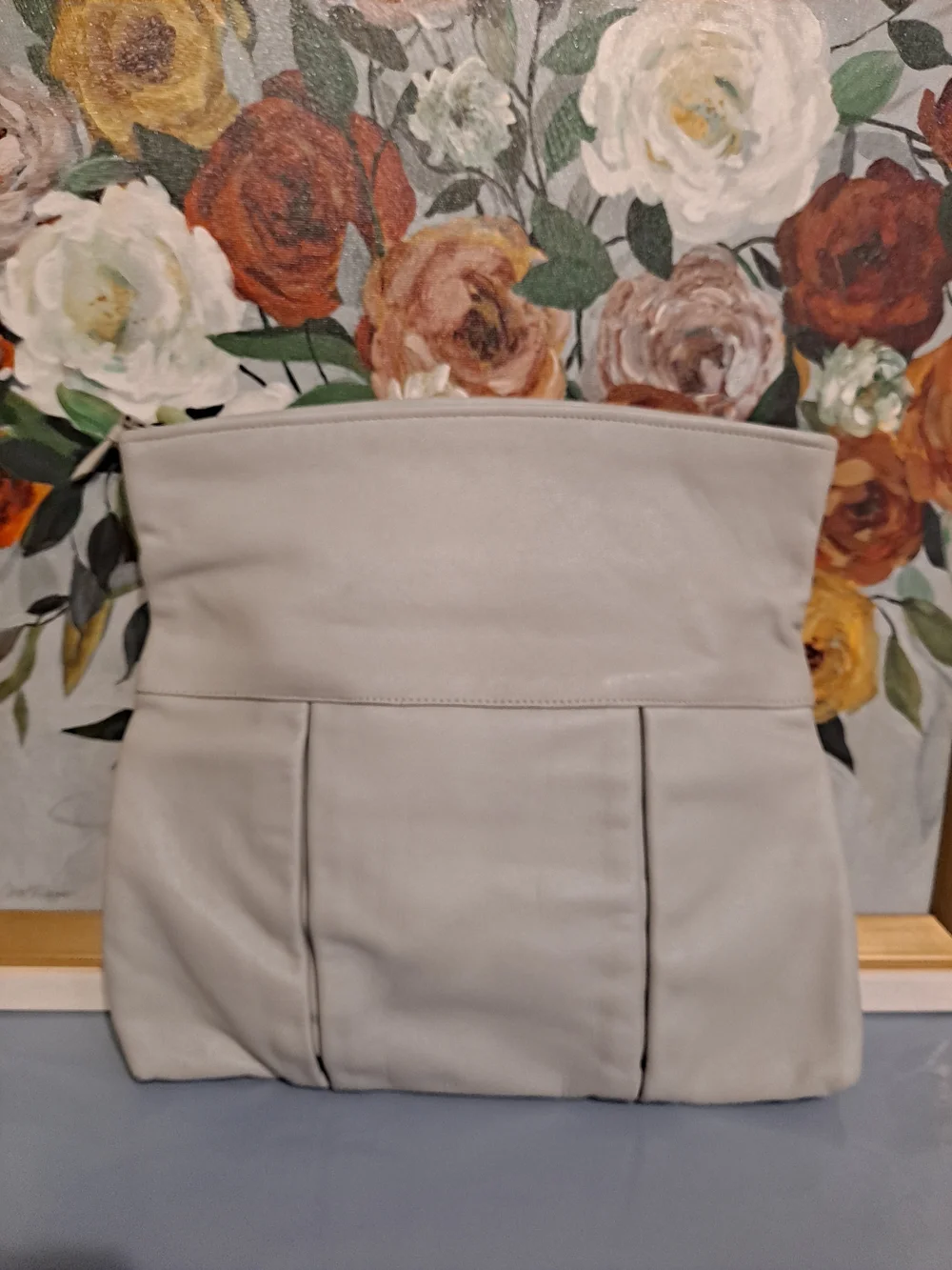 Vintage 80s Fold-Over Luxury Leather Pleated Clutch Light Gray Polished Classic